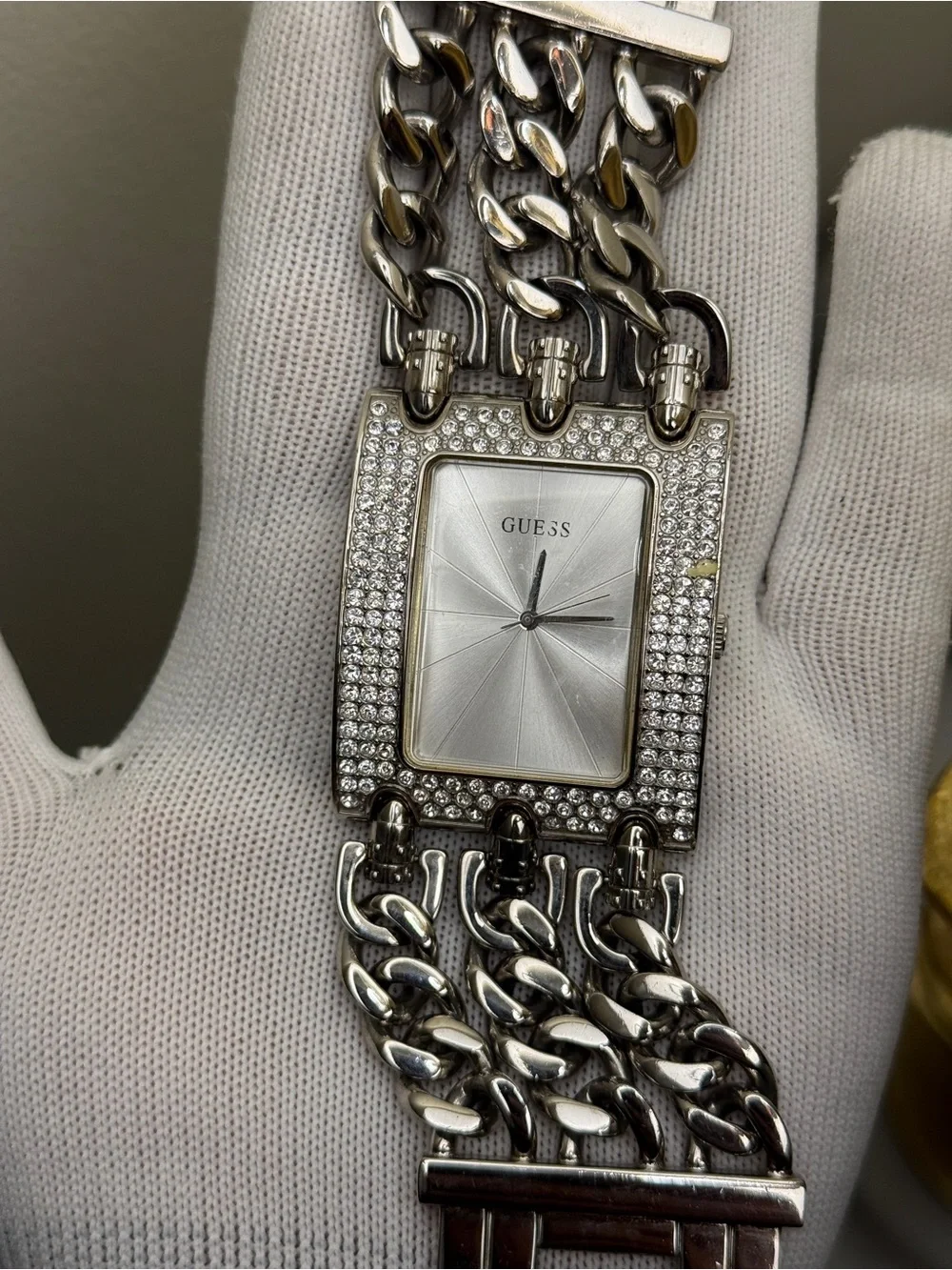GUESS oversized Silver Crystal-Embellished women’s Chain Bracelet Watch